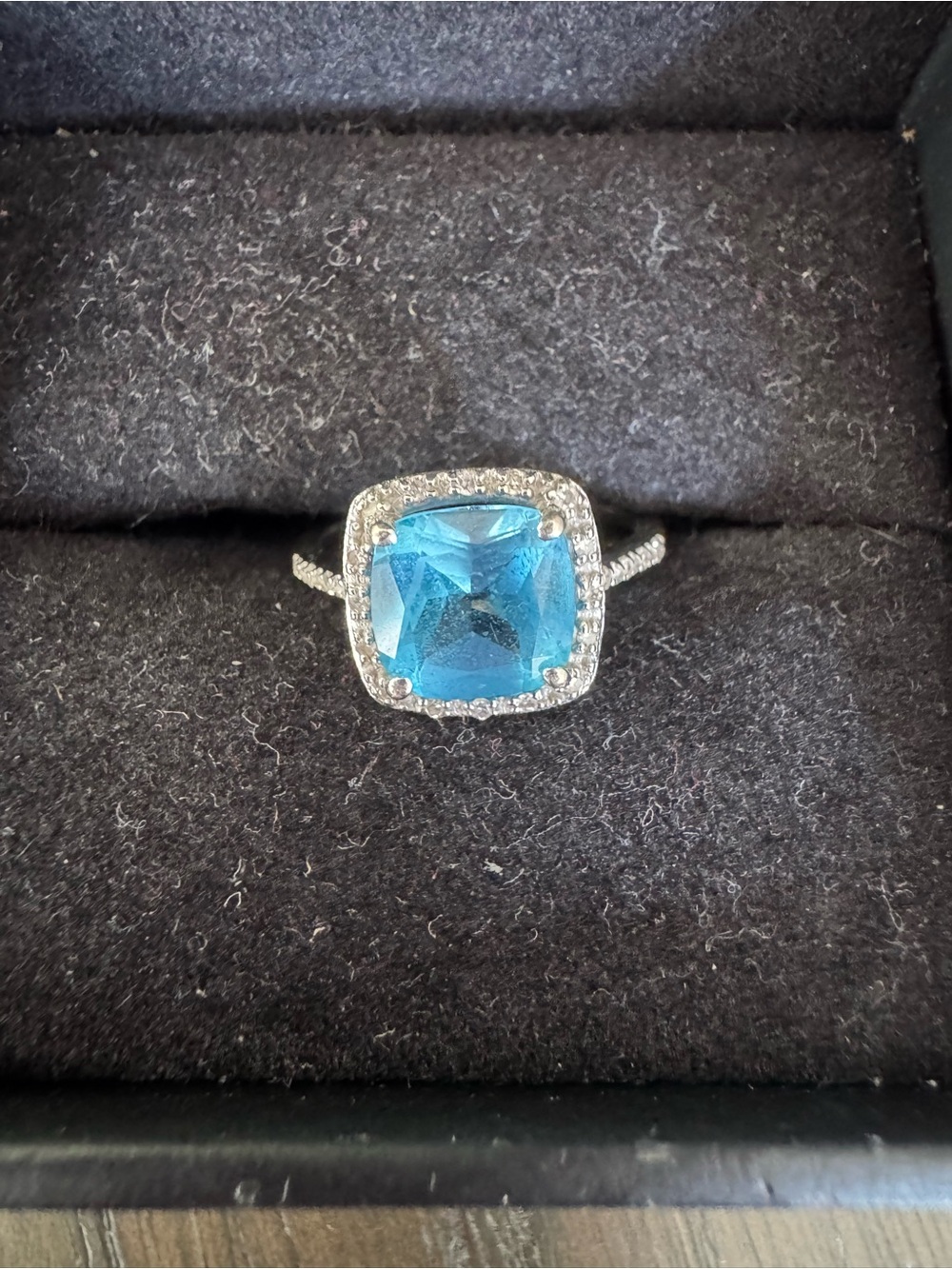 Zales 10K Solid White Gold Ring With Blue Topaz Cushion-Cut with diamond accents